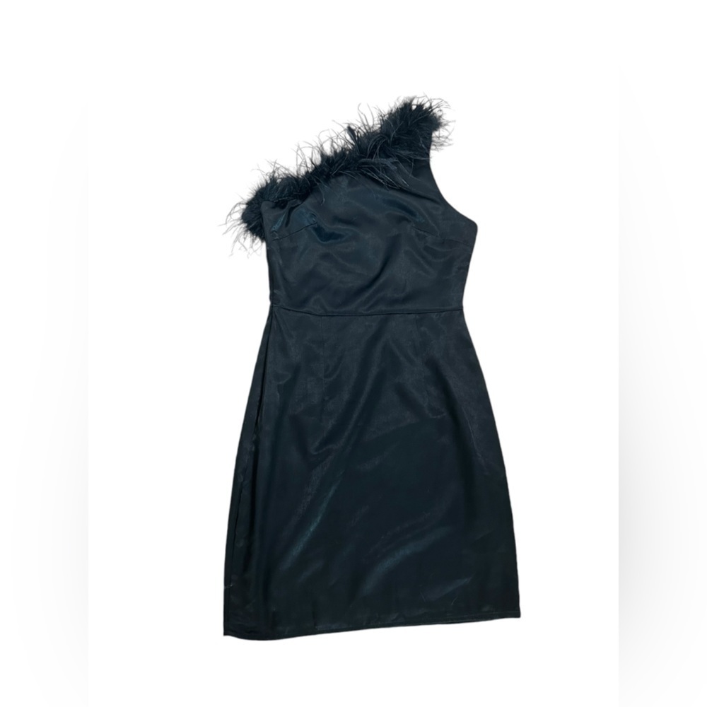 Altar’d State Feather Detail Satin One Shoulder Little Black Dress Women’s Sz XS - Picture 12 of 13
